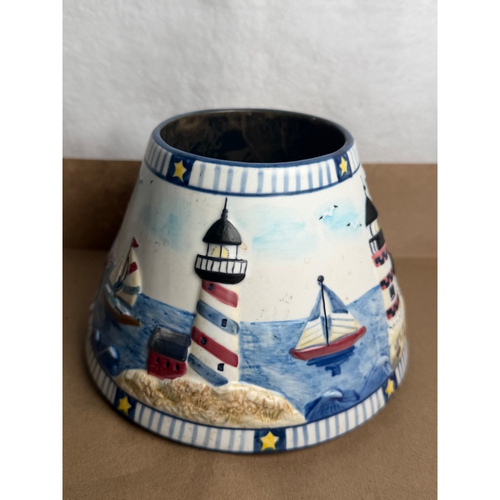 VTG 1998 Coastal Breeze NAUTICAL Yankee Candle Lighthouse Sailboat Jar Topper 7"